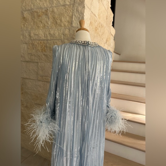 Self Portrait Blue Metallic Chiffon Feather Midi Dress - Picture 14 of 17